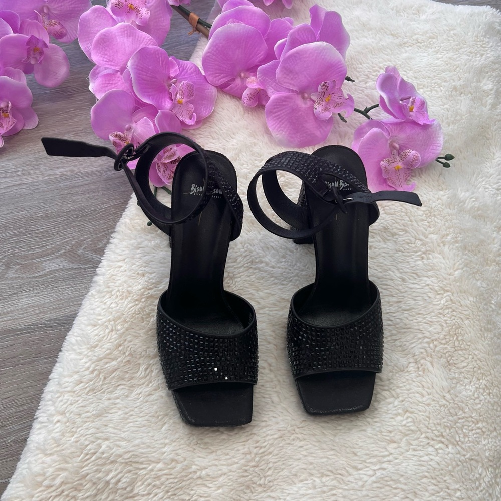 Bisou Bisou Black Open Toe Platforms w/Bling Stones & Ankle Closure Size 7.5